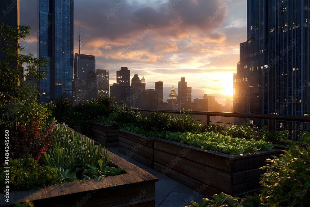 Fototapeta premium Urban rooftop garden at sunset with city skyline view.