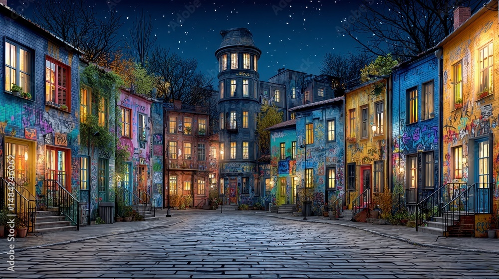 Fototapeta premium Night Street Scene Colorful Graffiti Buildings Cobblestone Road Urban Night Photography