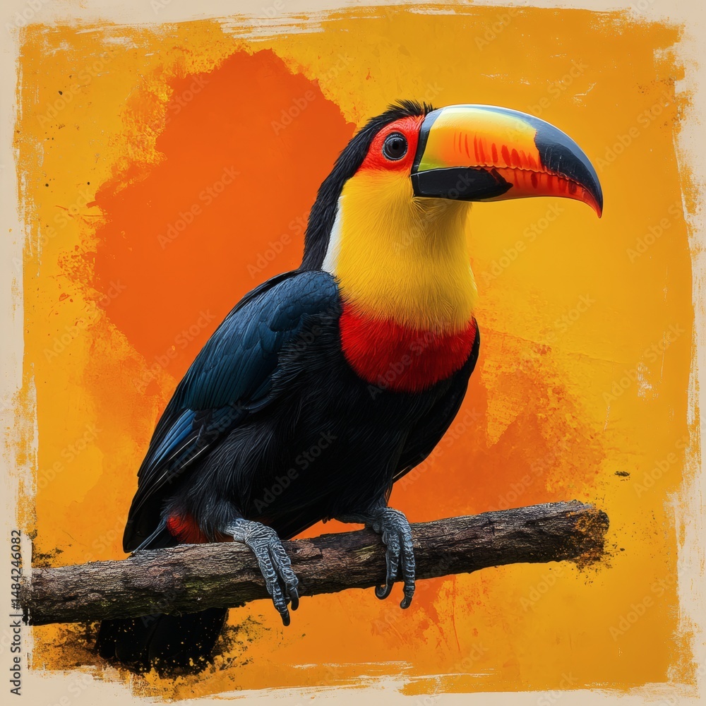 Obraz premium Colorful Toucan Perched on a Branch with Sunset Background