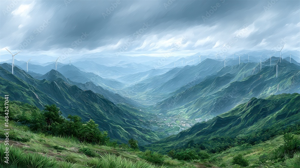 Fototapeta premium Majestic Mountain Landscape with Wind Turbines Green Valley Renewable Energy Sustainabl