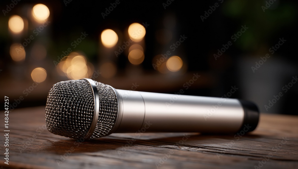 Obraz premium Silver microphone on wooden table, warm lights