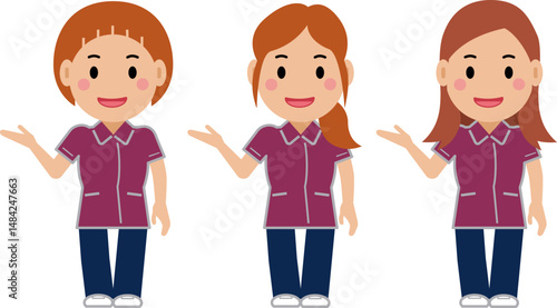 こちらへ、と笑顔のえんじ色の制服の女性看護師。その2