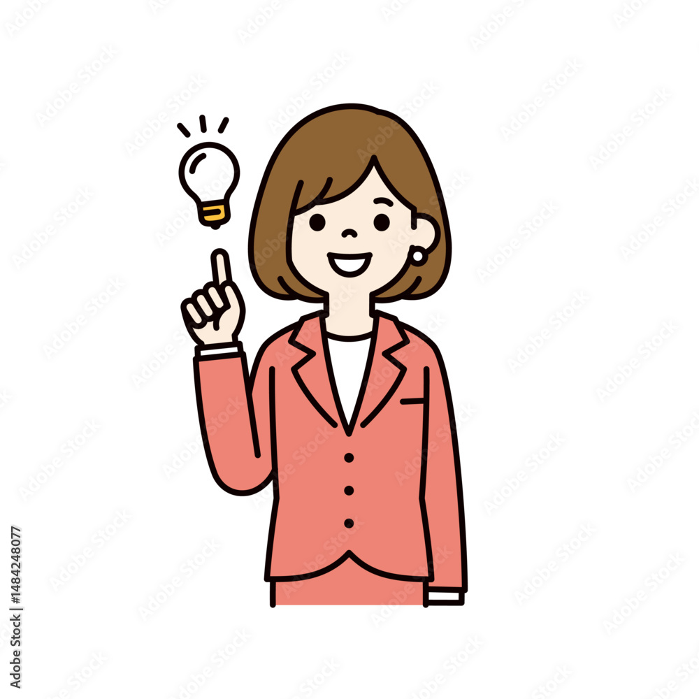 いいアイデアを思いつく、若い女性会社員のベクターイラスト素材_線幅の編集可能_カラー いいアイデアを思いつく、若い女性会社員のベクターイラスト素材_線幅の編集可能_カラー