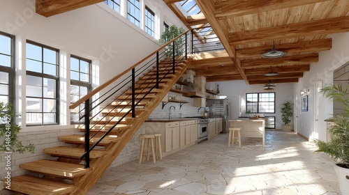 Modern Farmhouse Kitchen  ADU Interior Design  Open Plan Living  Wooden Staircase