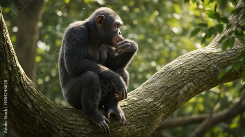 Chimpanzee sitting on a tree branch primate wildlife animal nature forest 4k video