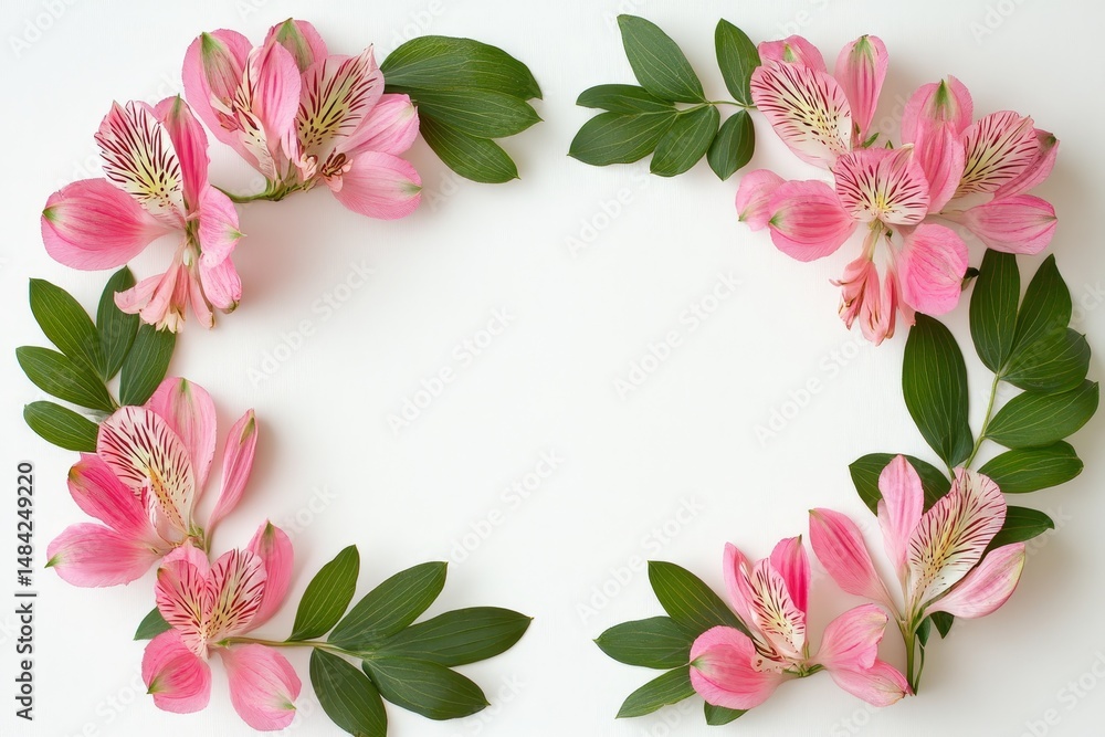 Fototapeta premium Delicate pink floral frame on a white background.