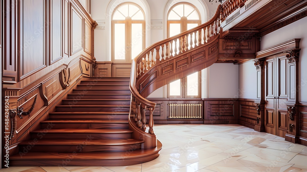 Obraz premium Ornate Wooden Staircase in a Grand Hallway with Marble Flooring and Bright Sunlight