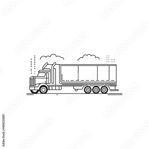 Black outlined trailer truck is depicted moving swiftly, with cloud accents, against a transparent backdrop