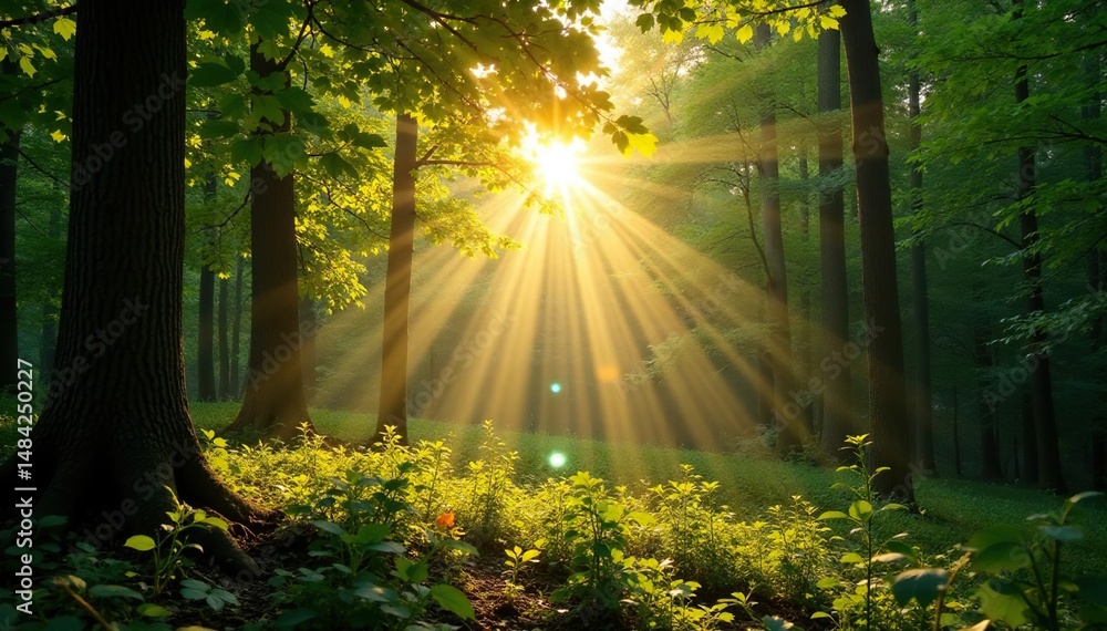 Obraz premium Golden hour sunlight streams through lush Canadian forest, illuminating vibrant green leaves and dappled shadows , daylight scene, woodland scene, flora