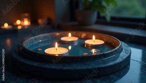 Serene floating candles in a dark blue water basin, illuminated in a dimly lit room , evening, light