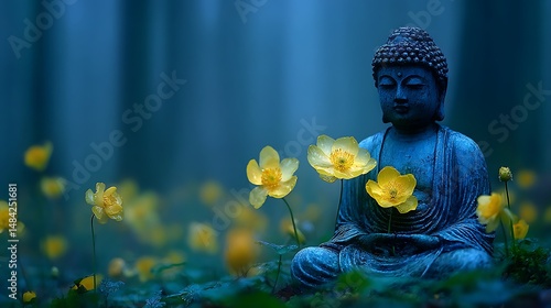 Serene Buddha Statue in Misty Forest with Yellow Flowers.
