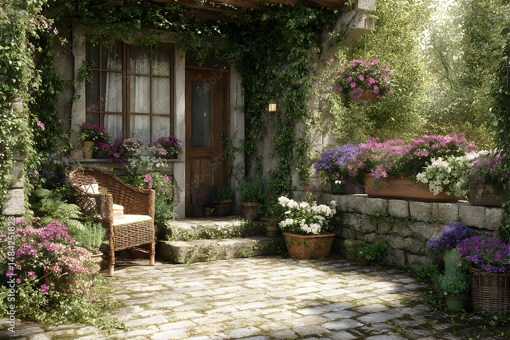Exterior patio scene of a quaint rustic home. Exterior patio scene of a quaint rustic home.