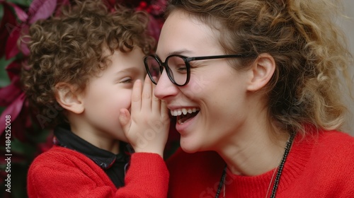 Obraz na płótnie Joyful moment between mother and child during a festive celebration at home in winter season w salonie