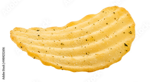 A close-up view of a perfectly shaped potato chip with ridges, showcasing its golden color and seasoning, ideal for snack promotion