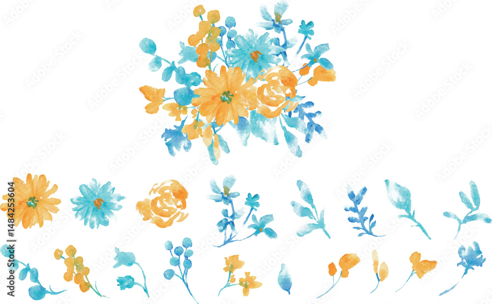 Obraz premium 水彩画。水彩タッチの草木と花のベクターフレーム。青と黄色の夏カラー花フレーム。Watercolor painting. Vector frame of plants, trees and flowers with watercolor touch. Blue and yellow summer color flower frame.