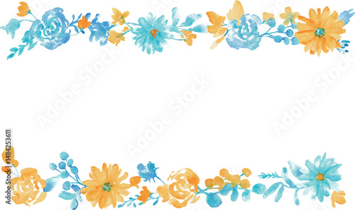 水彩画。水彩タッチの草木と花のベクターフレーム。青と黄色の夏カラー花フレーム。Watercolor painting. Vector frame of plants, trees and flowers with watercolor touch. Blue and yellow summer color flower frame.