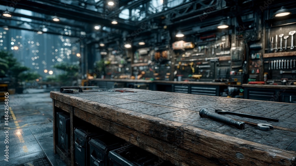 Fototapeta premium Industrial Workshop Tools Workbench Garage Interior