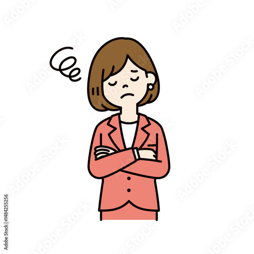 目を閉じて考える、若い女性会社員のベクターイラスト素材＿線幅の編集可能＿カラー