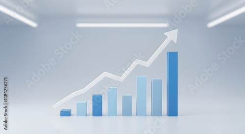 Graph lines and bar charts rising upwards in 3D space, soft white and blue futuristic theme, digital economy growth concept