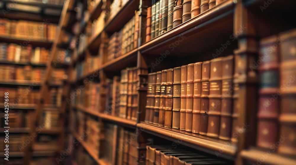 Rows Of Classic Books On Wooden Shelves In Library Setting Rows Of Classic Books On Wooden Shelves In Library Setting