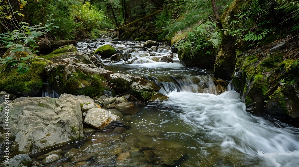 Rushing Stream Flows Through Forest Landscape Over Mossy Rocks in Daylight Rushing Stream Flows Through Forest Landscape Over Mossy Rocks in Daylight