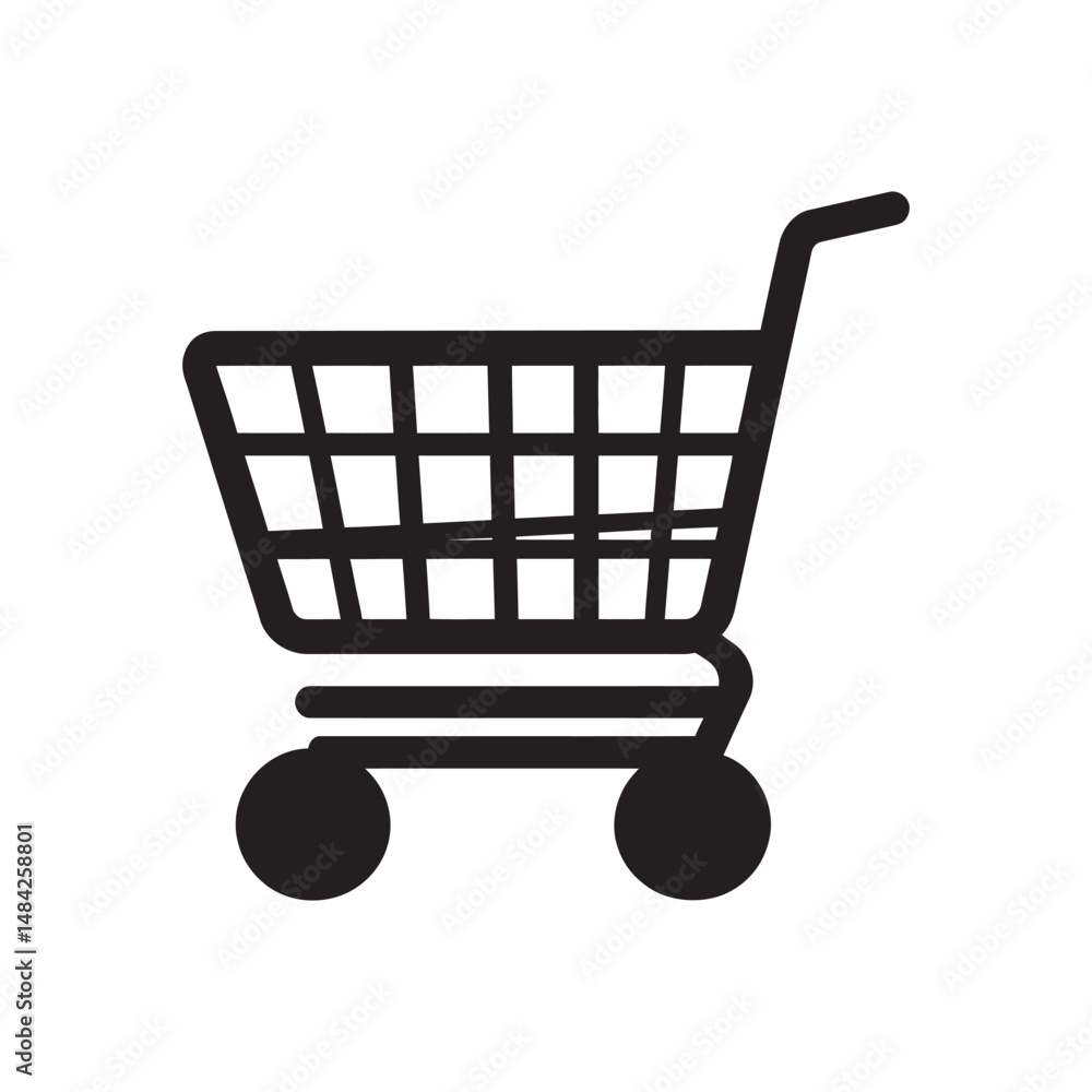 Black silhouette of a shopping cart shows a minimalistic design on a transparent background Black silhouette of a shopping cart shows a minimalistic design on a transparent background