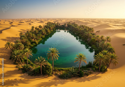 Palm trees encircle a small pond in the Sahara desert.