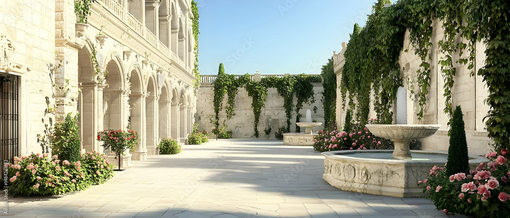 Obraz premium Elegant Courtyard With Fountain And Ivy Covered Walls