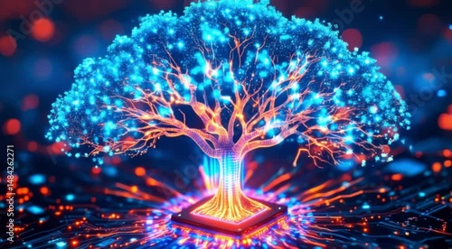 Abstract digital tree growing on a circuit board illustrating data processing and technological growth