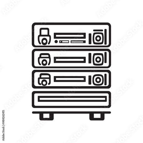 Black stacked servers cabinet displays a clean minimalist style against a transparent background
