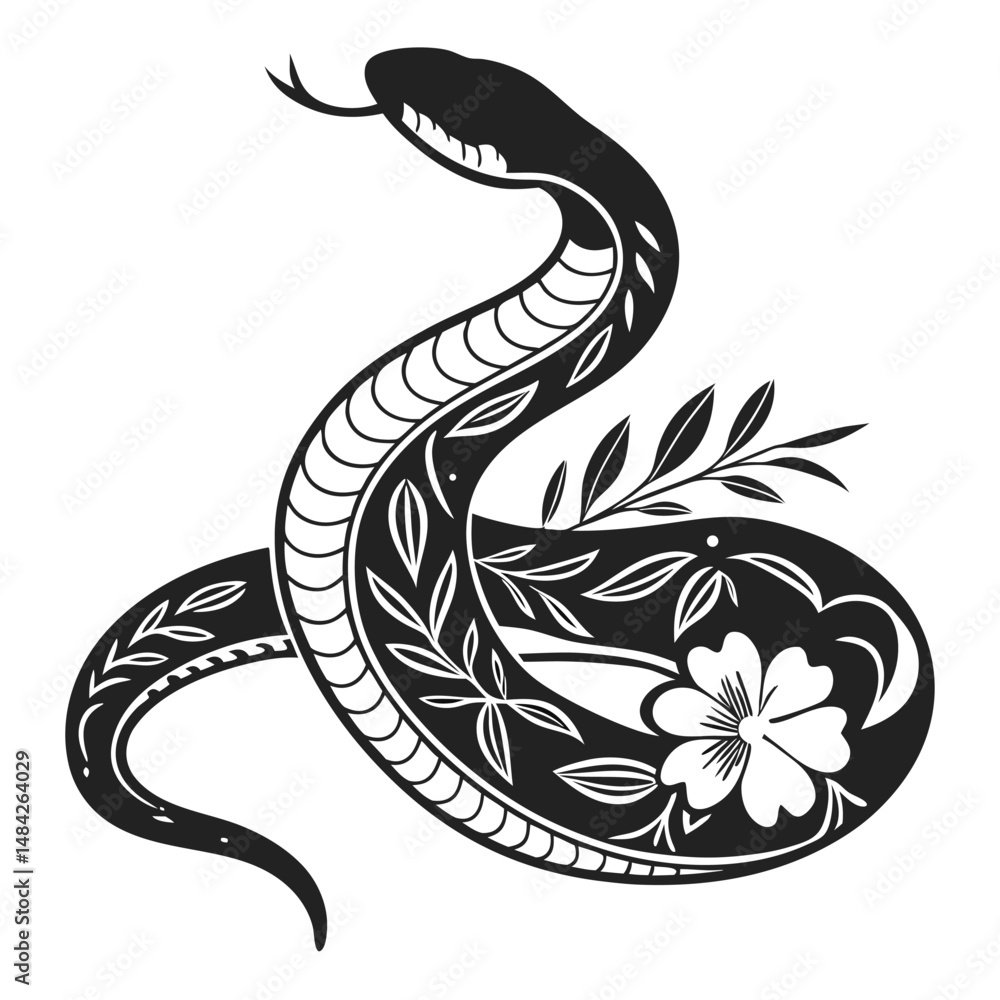 Fototapeta premium a-tribal-style-snake-silhouette-with-floral-elemen (1).eps