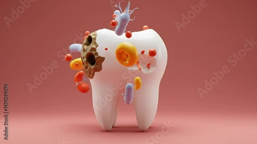 Animated Tooth Decay Process in 4K: Gleaming White Tooth Overtaken by Bacteria and Harmful Foods on Pink Background