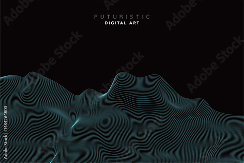 futuristic abstract digital cyan wave line art, dynamic 3d terrain mesh with particle grid, technology wireframe landscape, cyber data flow visualization for modern sci-fi background creative design