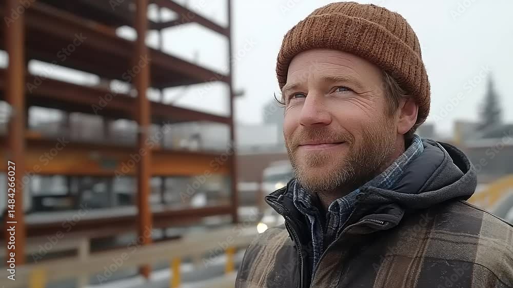 Smiling man outdoors, construction background Smiling man outdoors, construction background