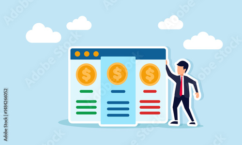 Businessman standing next to application interface showing several dollar coins illustration of financial investment company app interface