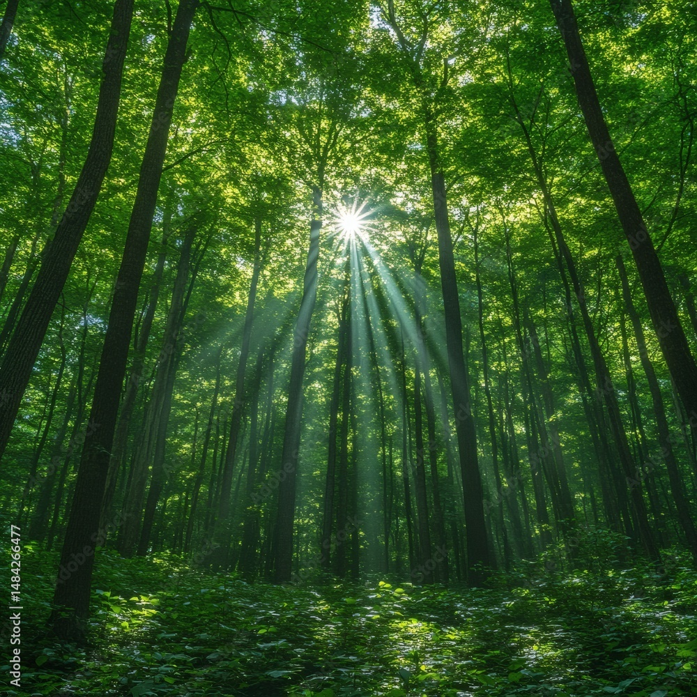 Fototapeta premium Sunlight Bursting Through Forest Canopy
