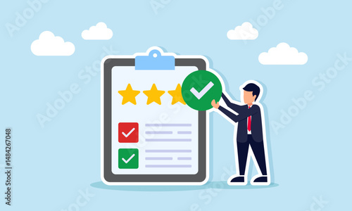 Businessman holding checkmark beside clipboard with star-marked document illustration of business quality standard validation and verification