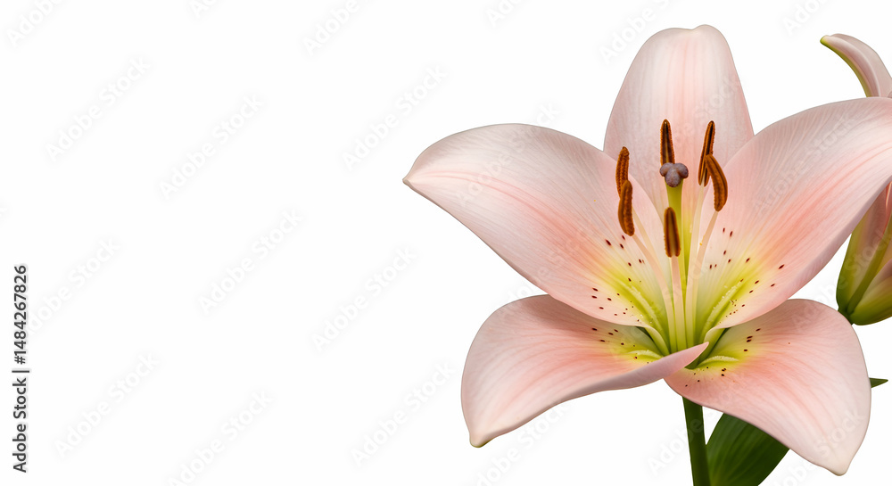 Close Up of a Delicate Pink Lily Flower with Green Leaves on White Background Close Up of a Delicate Pink Lily Flower with Green Leaves on White Background