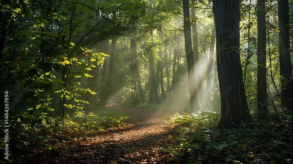Obraz premium Sunlight Piercing Through Trees Illuminating Forest Path In Autumnal Setting