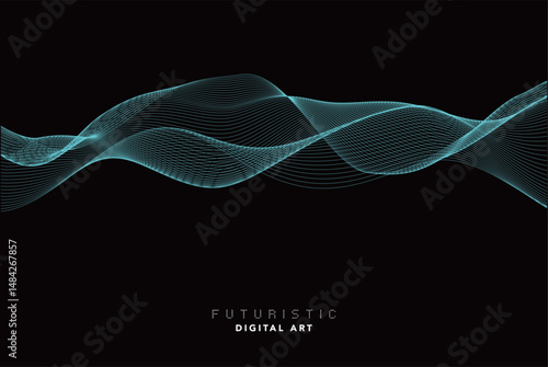 futuristic abstract digital cyan wave line art, dynamic 3d terrain mesh with particle grid, technology wireframe landscape, cyber data flow visualization for modern sci-fi background creative design