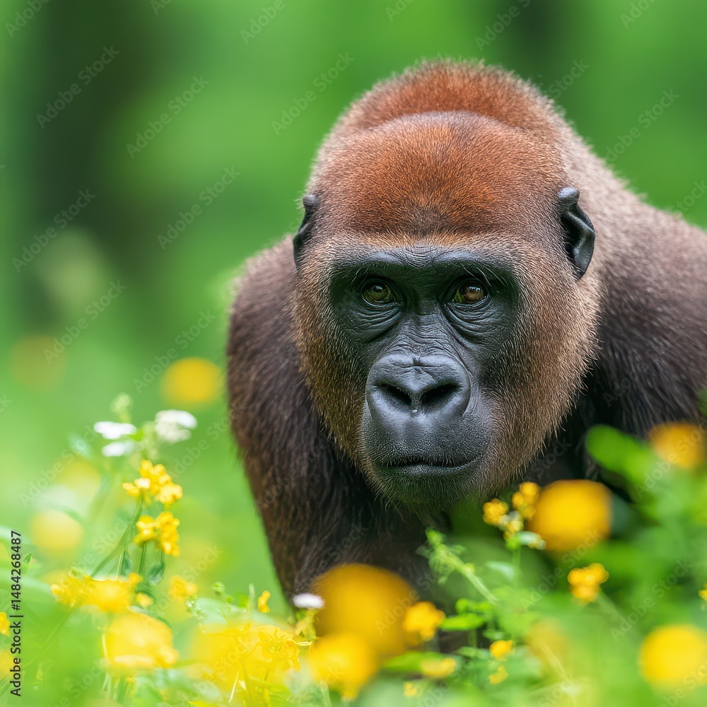 Fototapeta premium Majestic Gorilla in Vibrant Wildflower Meadow Powerful Primate Portrait