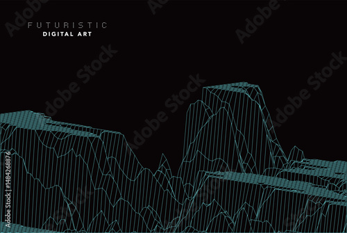 futuristic abstract digital cyan wave line art, dynamic 3d terrain mesh with particle grid, technology wireframe landscape, cyber data flow visualization for modern sci-fi background creative design