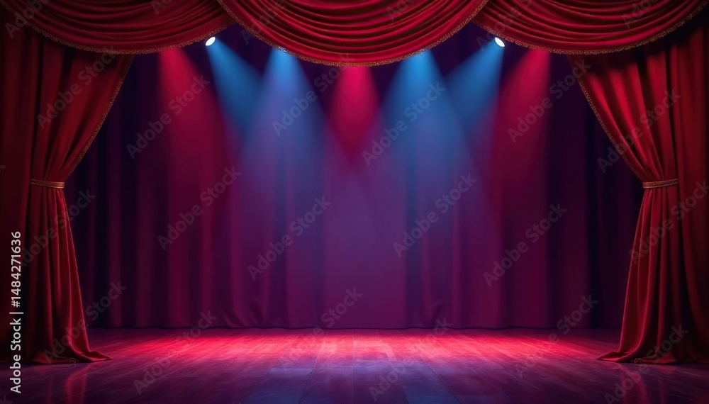 Fototapeta premium Velvet curtain, stage lights, theater, performance Ready for the show , musical, setting, red curtain