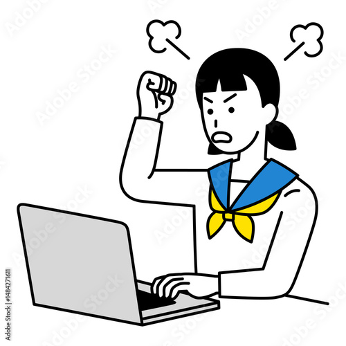 ノートパソコンの画面を見て怒っている女子学生
