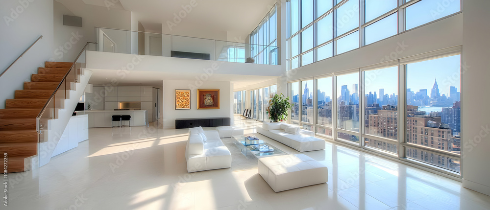 Modern White Living Room With City View Modern White Living Room With City View