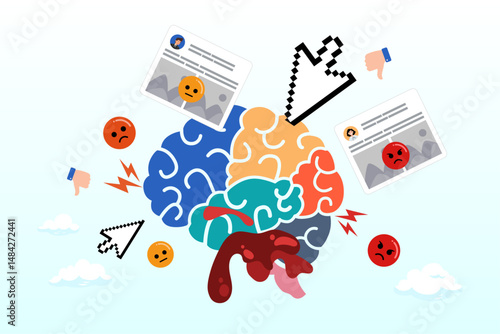 Human brain rot with toxic social media, brain rot toxic social media addiction causing depression, anxiety and negative harmful mind, online overwhelmed, cyber bullying or doomscrolling concept