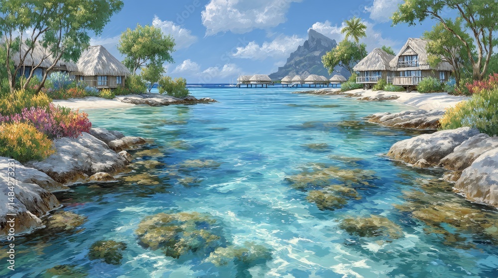 Tranquil Bora Bora Lagoon Overwater Bungalows Turquoise Waters Scenic Island Paradise