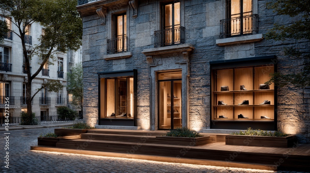 Parisian Boutique at Night Luxury Shoe Store Window Display Exterior