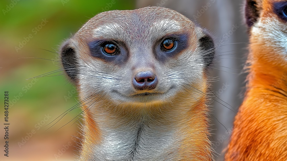 Fototapeta premium Meerkat Gaze: A captivating close-up showcases a meerkat's keen eyes, displaying intelligence and charm, set against a backdrop of soft focus.