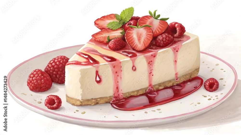 Delectable Cheesecake Slice: A single slice of cheesecake is beautifully decorated with fresh strawberries, raspberries, and a mint leaf, sitting on a simple white plate. Delectable Cheesecake Slice: A single slice of cheesecake is beautifully decorated with fresh strawberries, raspberries, and a mint leaf, sitting on a simple white plate.